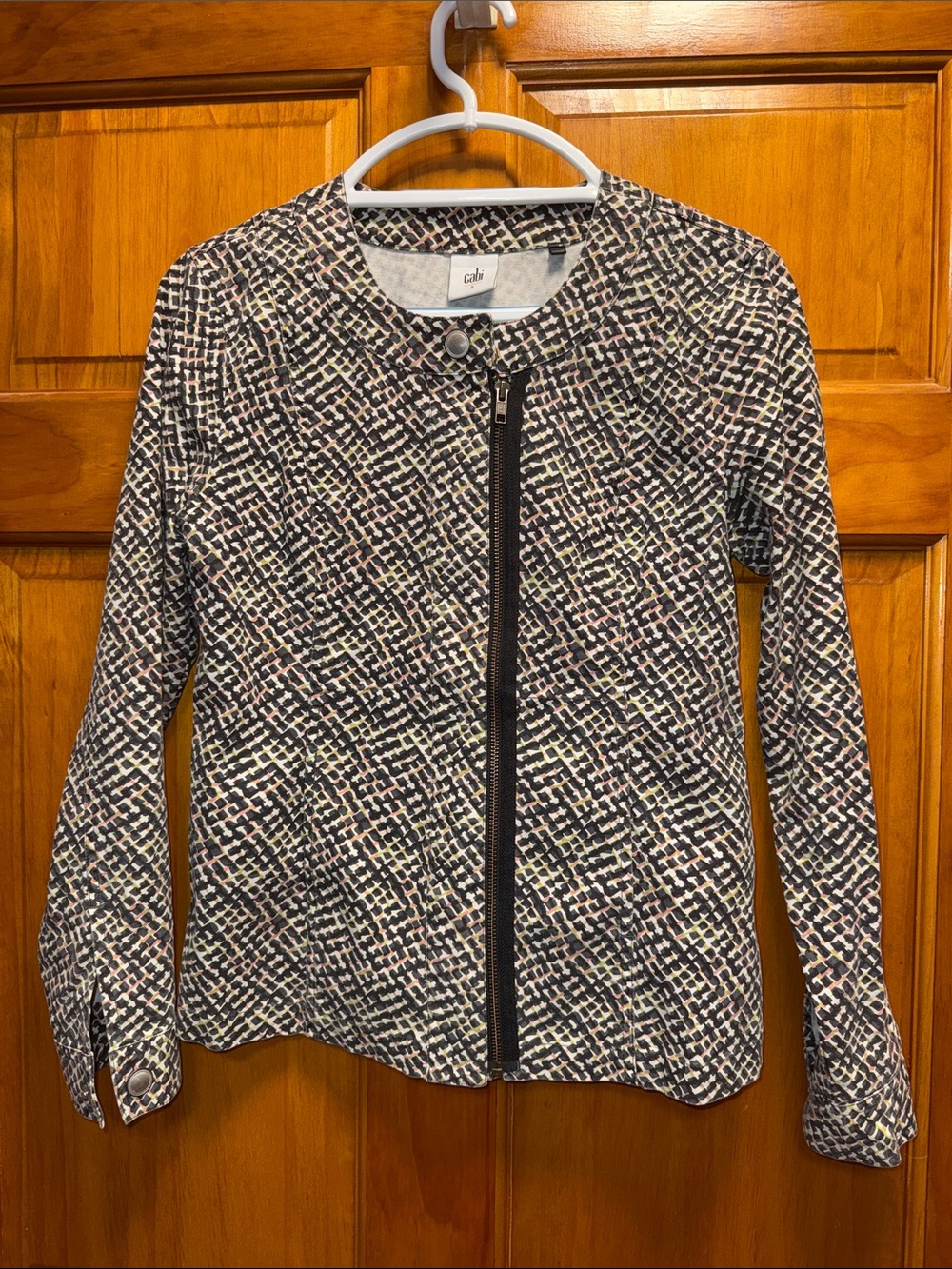 CAbi Black & Cream Patterned Zip Jacket